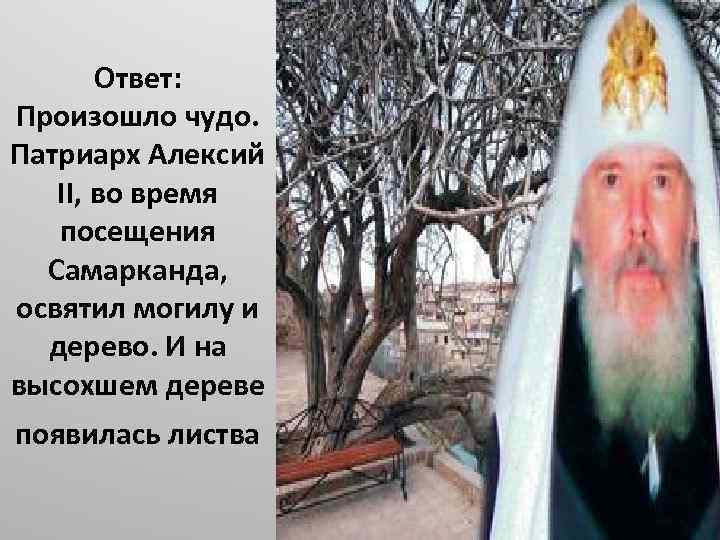 Ответ: Произошло чудо. Патриарх Алексий II, во время посещения Самарканда, освятил могилу и дерево.