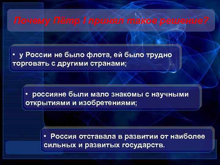 Почему Пётр I принял такое решение? • у России не было флота, ей было