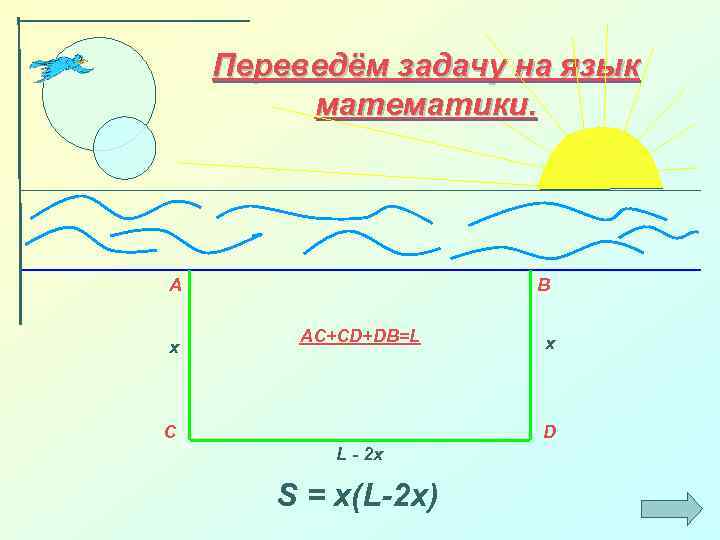 Переведём задачу на язык математики. A x B AC+CD+DB=L C x D L -