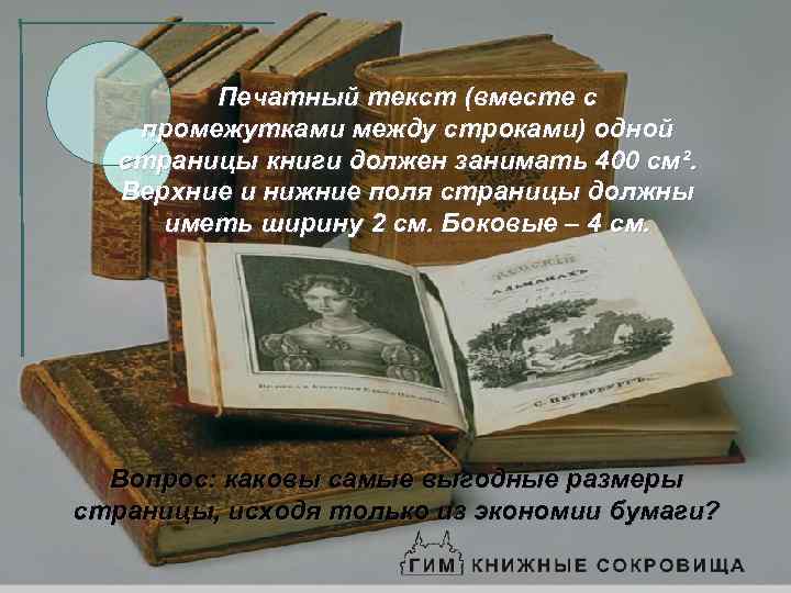 Печатный текст (вместе с промежутками между строками) одной страницы книги должен занимать 400 см².