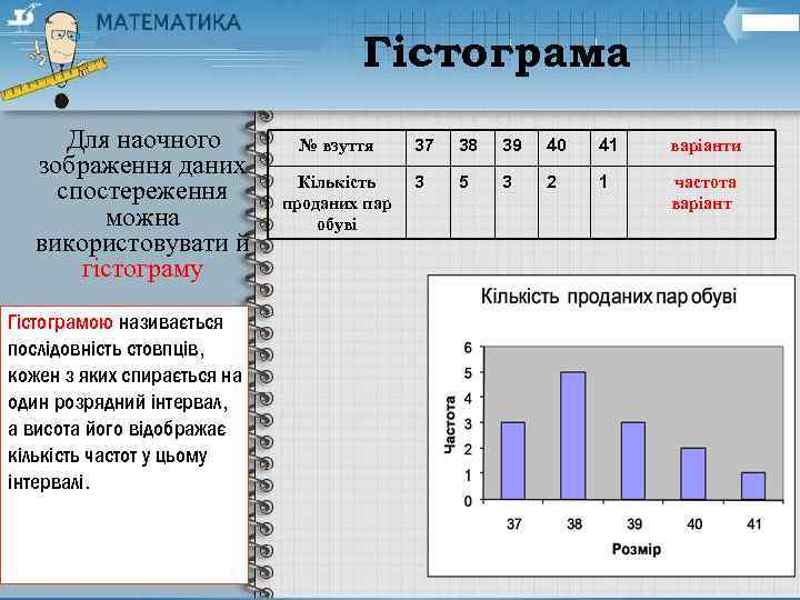 Гістограма Для наочного зображення даних спостереження можна використовувати й гістограму Гістограмою називається послідовність стовпців,