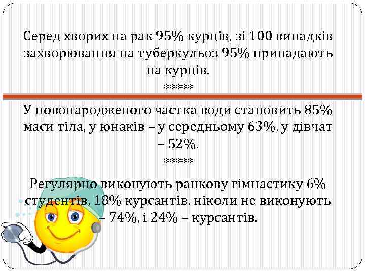 Серед хворих на рак 95% курців, зі 100 випадків захворювання на туберкульоз 95% припадають