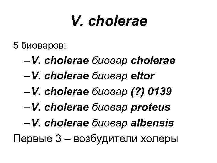 V. cholerae 5 биоваров: – V. cholerae биовар cholerae – V. cholerae биовар eltor