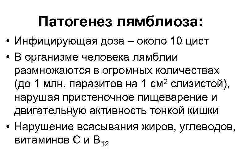 Патогенез лямблиоза: • Инфицирующая доза – около 10 цист • В организме человека лямблии