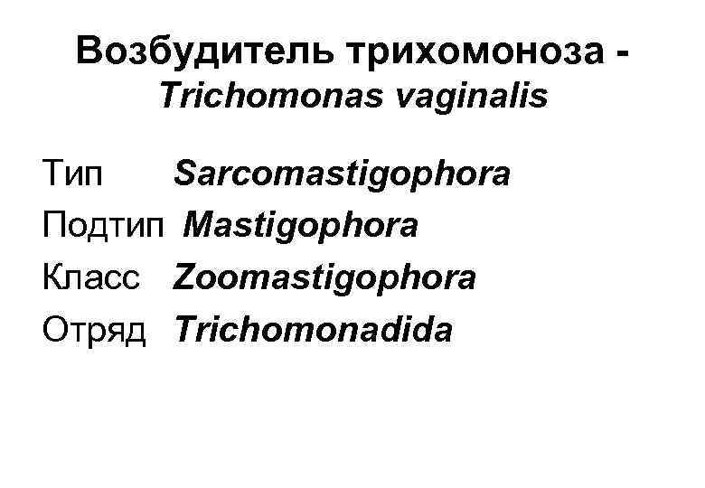 Возбудитель трихомоноза Trichomonas vaginalis Тип Sarcomastigophora Подтип Mastigophora Класс Zoomastigophora Отряд Trichomonadida 