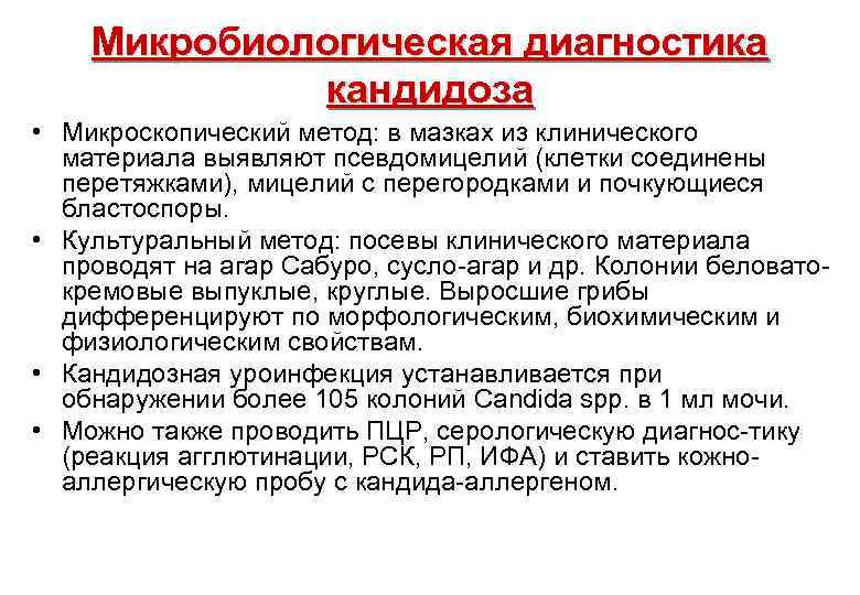 Микробиологическая диагностика кандидоза • Микроскопический метод: в мазках из клинического материала выявляют псевдомицелий (клетки