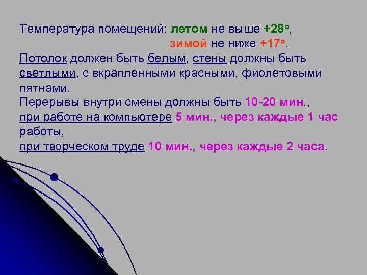 Температура помещений: летом не выше +28 о, зимой не ниже +17 о. Потолок должен