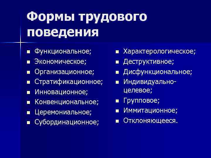 Формы трудового поведения n n n n Функциональное; Экономическое; Организационное; Стратификационное; Инновационное; Конвенциональное; Церемониальное;