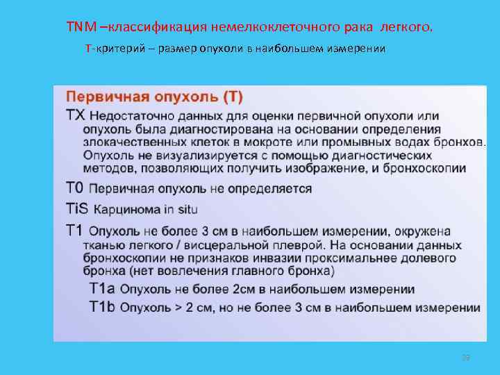 ТNM –классификация немелкоклеточного рака легкого. Т-критерий – размер опухоли в наибольшем измерении 29 