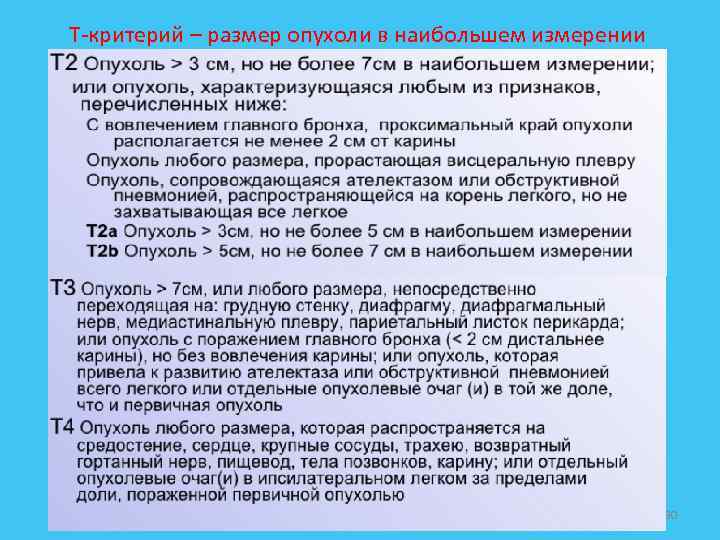 Т-критерий – размер опухоли в наибольшем измерении 30 