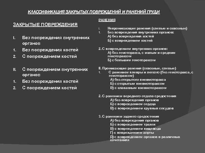 КЛАССИФИКАЦИЯ ЗАКРЫТЫХ ПОВРЕЖДЕНИЙ И РАНЕНИЙ ГРУДИ ЗАКРЫТЫЕ ПОВРЕЖДЕНИЯ I. 1. 2. II. 1. 2.