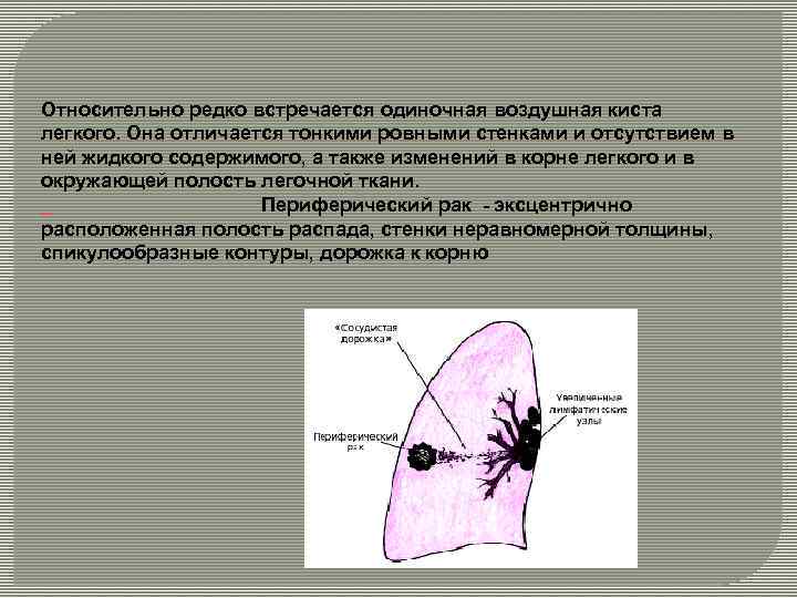 Относительно редко встречается одиночная воздушная киста легкого. Она отличается тонкими ровными стенками и отсутствием