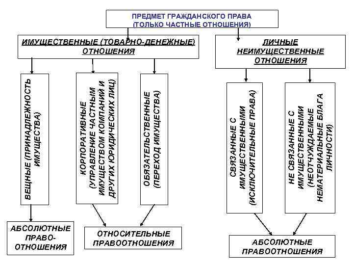 АБСОЛЮТНЫЕ ПРАВООТНОШЕНИЯ ОТНОСИТЕЛЬНЫЕ ПРАВООТНОШЕНИЯ НЕ СВЯЗАННЫЕ С ИМУЩЕСТВЕННЫМИ (НЕОТЧУЖДАЕМЫЕ НЕМАТЕРИАЛЬНЫЕ БЛАГА ЛИЧНОСТИ) ИМУЩЕСТВЕННЫЕ (ТОВАРНО-ДЕНЕЖНЫЕ)