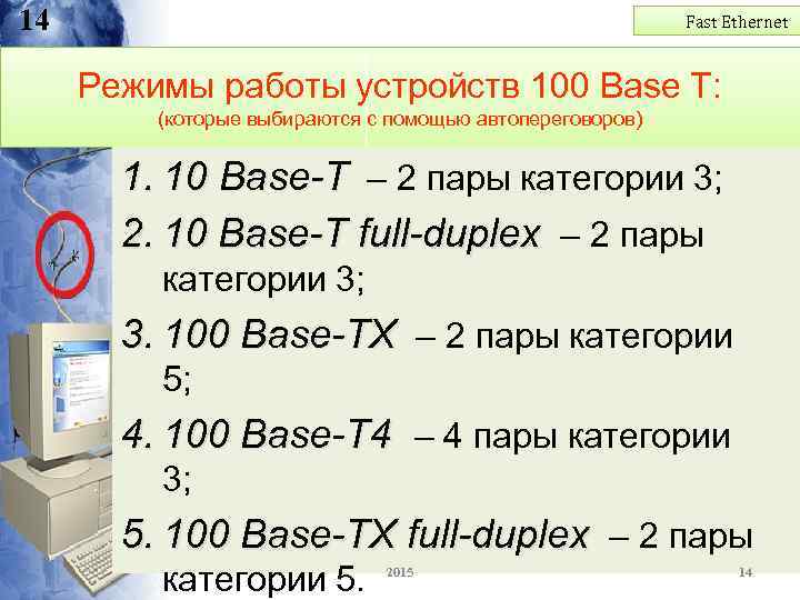 14 Fast Ethernet Режимы работы устройств 100 Base T: (которые выбираются с помощью автопереговоров)