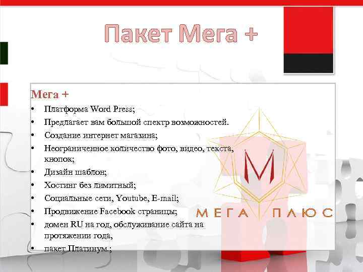 Пакет Мега + • • • Платформа Word Press; Предлагает вам большой спектр возможностей.
