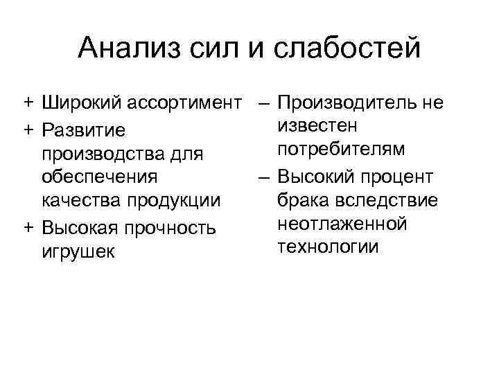 Анализ сил и слабостей + Широкий ассортимент ‒ Производитель не известен + Развитие потребителям
