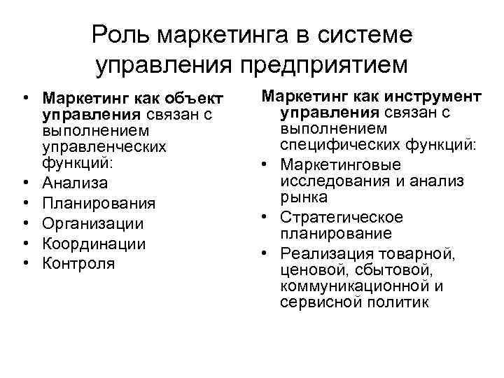Роль маркетинга в системе управления предприятием • Маркетинг как объект управления связан с выполнением