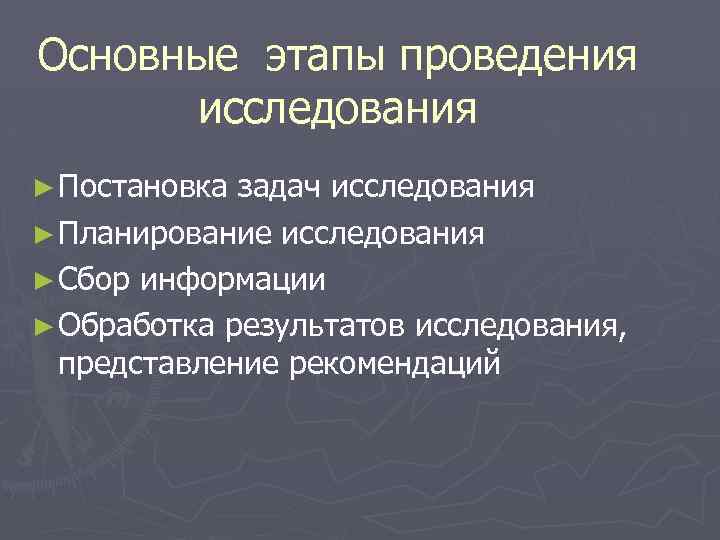 Основные этапы проведения исследования ► Постановка задач исследования ► Планирование исследования ► Сбор информации