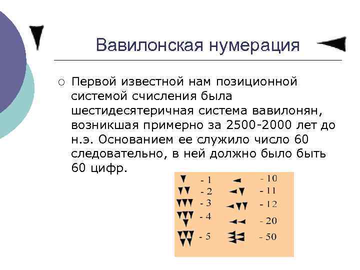 Вавилонская нумерация ¡ Первой известной нам позиционной системой счисления была шестидесятеричная система вавилонян, возникшая