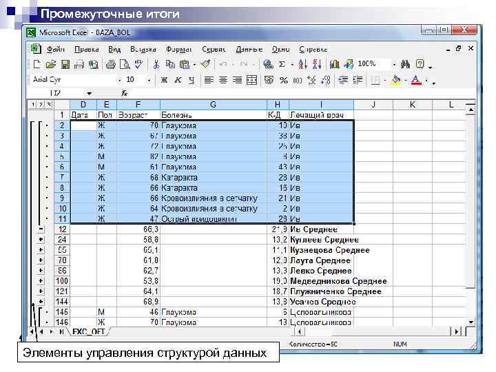 Промежуточные итоги Элементы управления структурой данных 