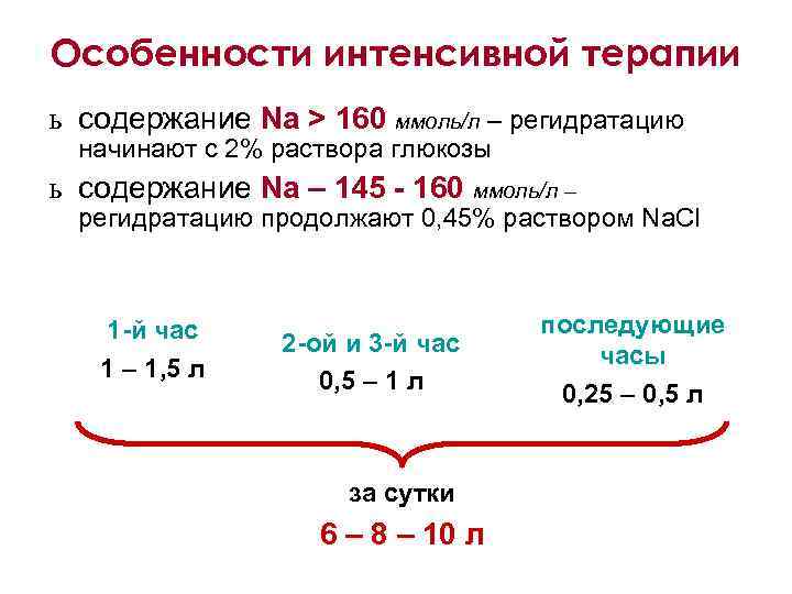 Особенности интенсивной терапии ь содержание Na > 160 ммоль/л – регидратацию начинают с 2%