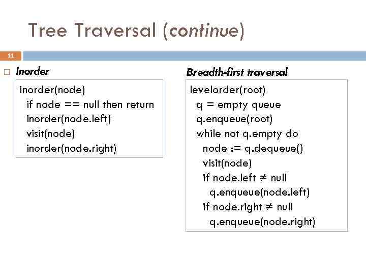 Tree Traversal (continue) 11 Inorder inorder(node) if node == null then return inorder(node. left)
