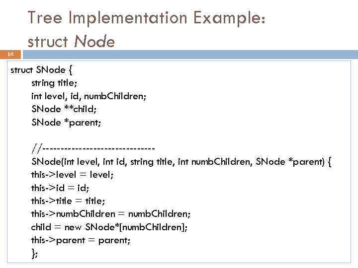 14 Tree Implementation Example: struct Node struct SNode { string title; int level, id,