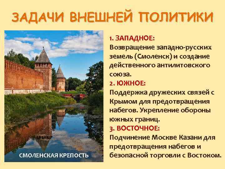 ЗАДАЧИ ВНЕШНЕЙ ПОЛИТИКИ СМОЛЕНСКАЯ КРЕПОСТЬ 1. ЗАПАДНОЕ: Возвращение западно-русских земель (Смоленск) и создание действенного