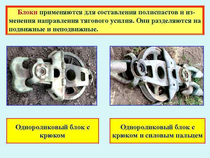  Блоки применяются для составления полиспастов и из менения направления тягового усилия. Они разделяются