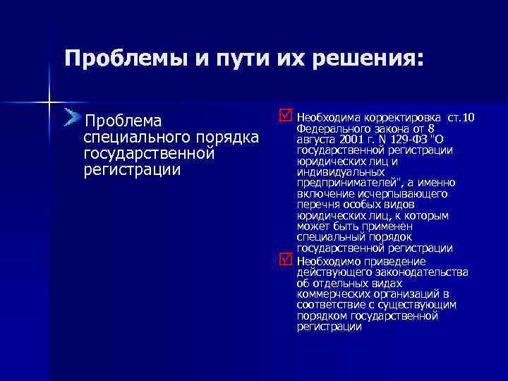 Проблемы и пути их решения: Проблема специального порядка государственной регистрации þ Необходима корректировка ст.