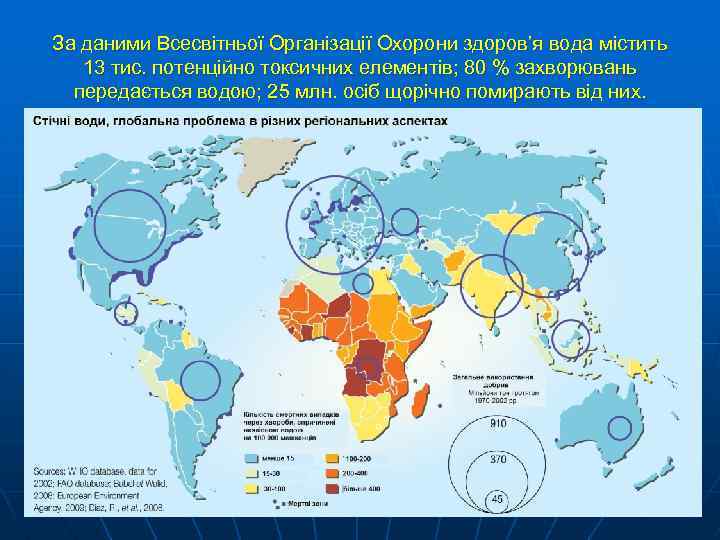 За даними Всесвітньої Організації Охорони здоров’я вода містить 13 тис. потенційно токсичних елементів; 80