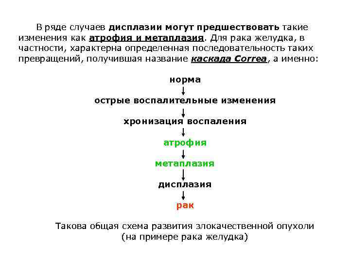 В ряде случаев дисплазии могут предшествовать такие изменения как атрофия и метаплазия. Для рака