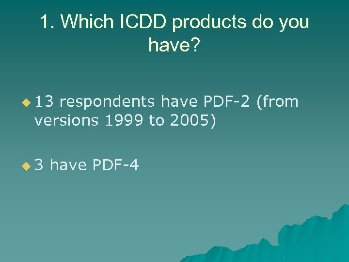 1. Which ICDD products do you have? u 13 respondents have PDF-2 (from versions
