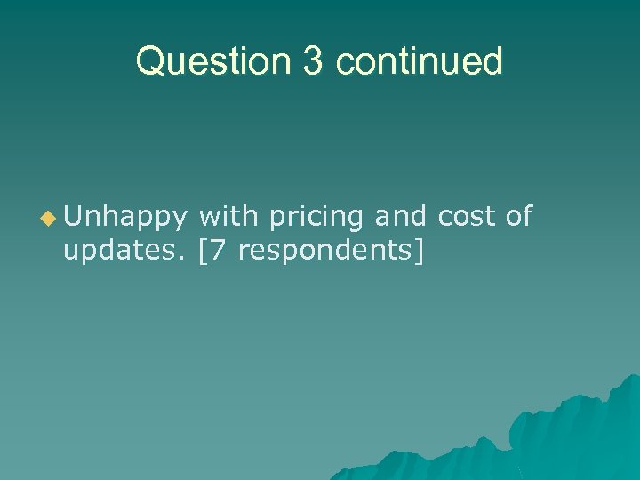 Question 3 continued u Unhappy with pricing and cost of updates. [7 respondents] 