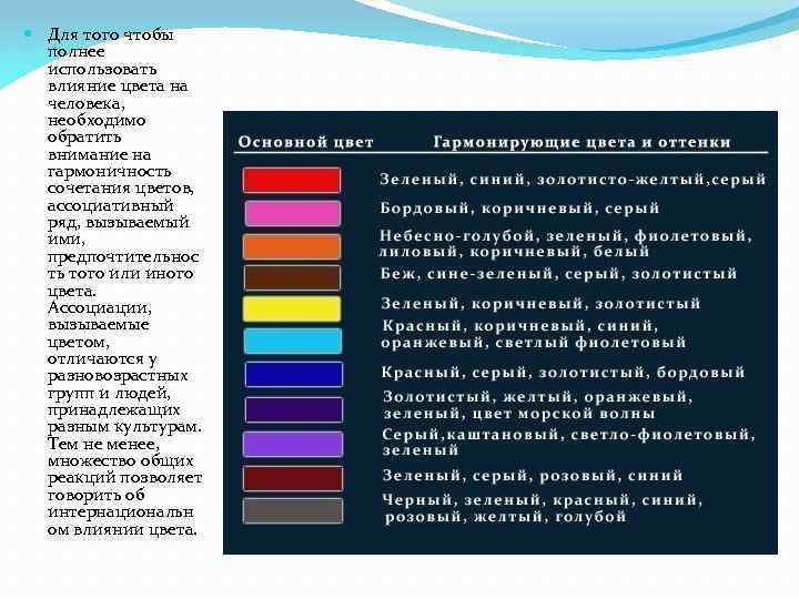  Для того чтобы полнее использовать влияние цвета на человека, необходимо обратить внимание на