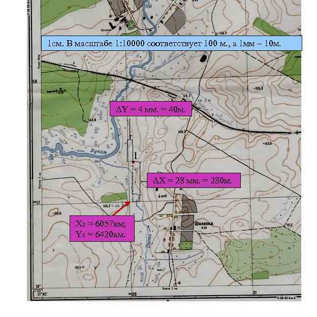 1 см. В масштабе 1: 10000 соответствует 100 м. , а 1 мм –