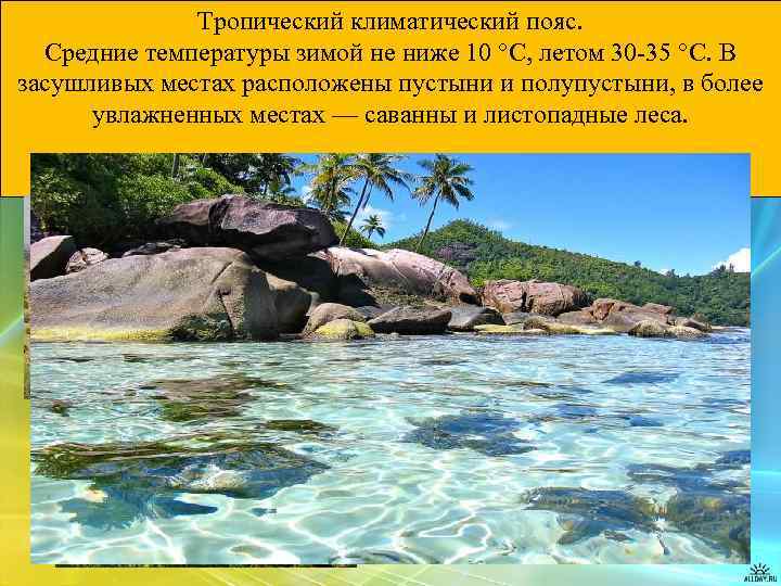 Тропический климатический пояс. Средние температуры зимой не ниже 10 °C, летом 30 -35 °С.