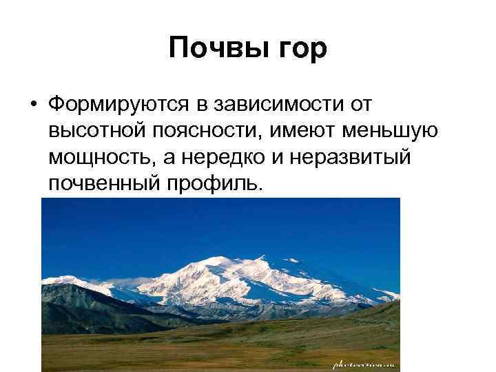 Почвы гор • Формируются в зависимости от высотной поясности, имеют меньшую мощность, а нередко