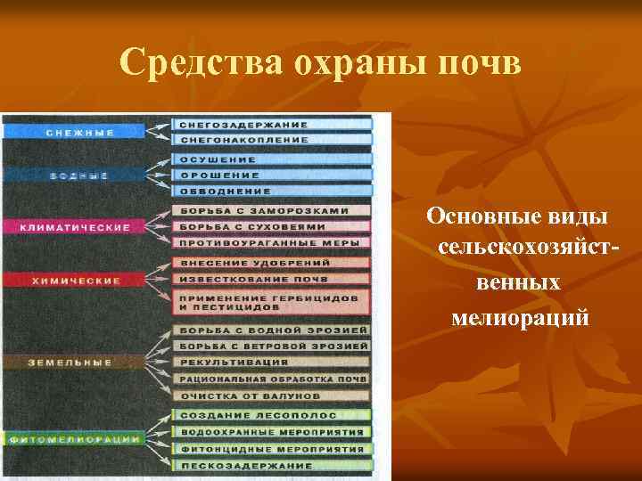 Средства охраны почв Основные виды сельскохозяйственных мелиораций 
