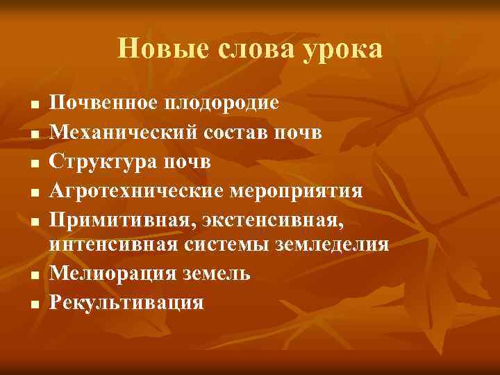 Новые слова урока n n n n Почвенное плодородие Механический состав почв Структура почв