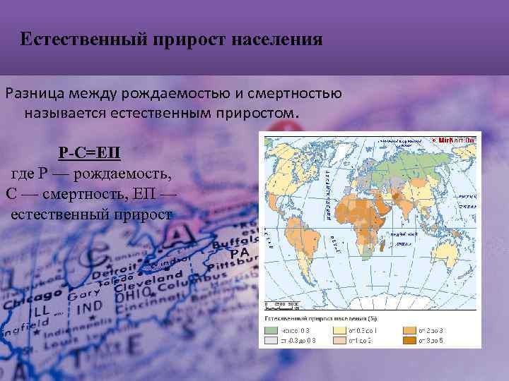Естественный прирост населения Разница между рождаемостью и смертностью называется естественным приростом. Р-С=ЕП где Р