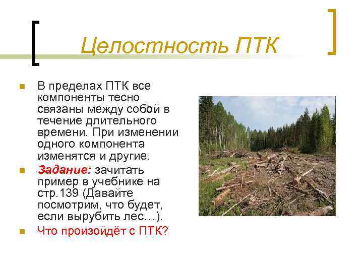 Целостность ПТК n n n В пределах ПТК все компоненты тесно связаны между собой