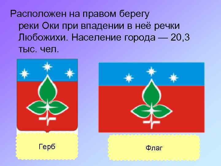 Расположен на правом берегу реки Оки при впадении в неё речки Любожихи. Население города