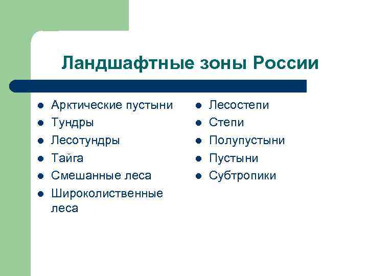 Ландшафтные зоны России l l l Арктические пустыни Тундры Лесотундры Тайга Смешанные леса Широколиственные