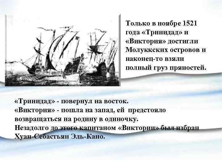 Только в ноябре 1521 года «Тринидад» и «Виктория» достигли Молуккских островов и наконец-то взяли