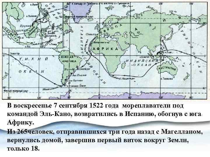 В воскресенье 7 сентября 1522 года мореплаватели под командой Эль-Кано, возвратились в Испанию, обогнув