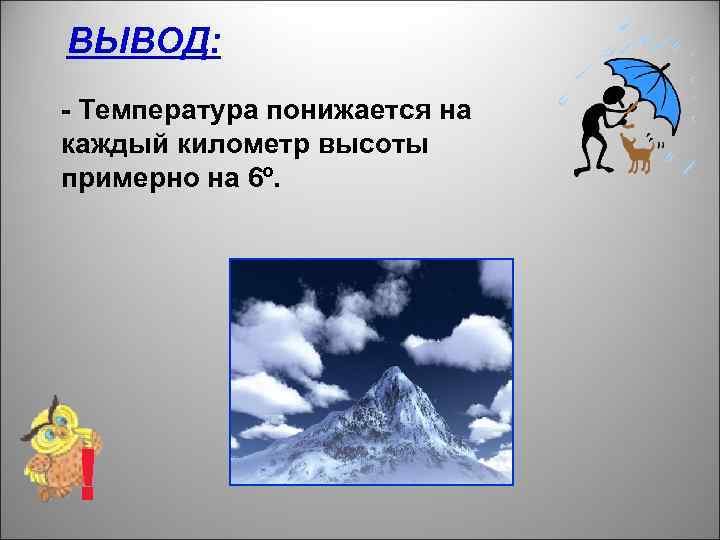 ВЫВОД: - Температура понижается на каждый километр высоты примерно на 6º. 