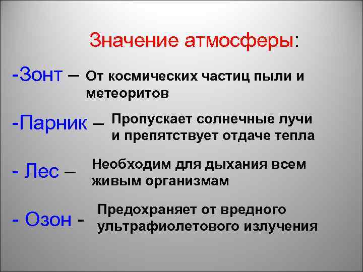 Значение атмосферы: -Зонт – От космических частиц пыли и метеоритов -Парник – - Лес