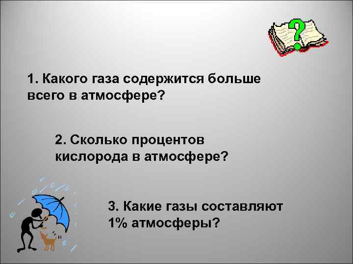 1. Какого газа содержится больше всего в атмосфере? 2. Сколько процентов кислорода в атмосфере?