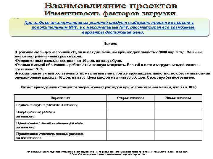 При выборе альтернативных решений следует выбирать проект не просто с положительным NPV, а с